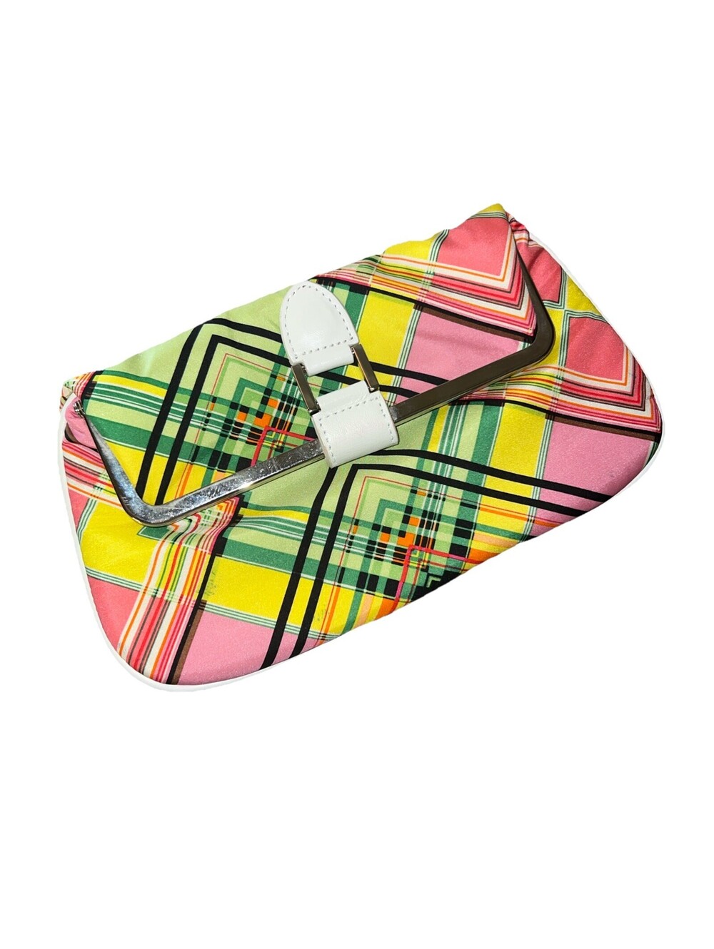 ECHO Bag Leather & Silk Retro Geometric Pink Tartan Clutch Style
